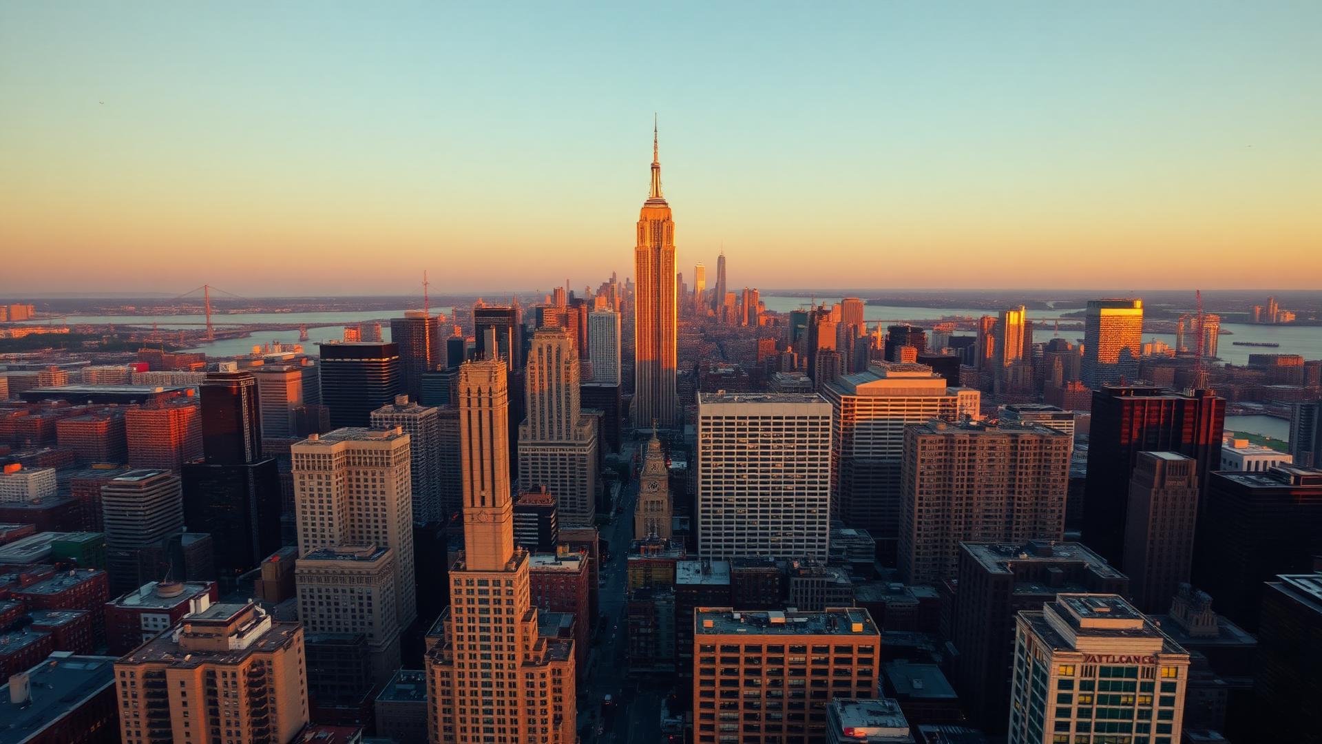 Manhattan skyline at golden hour